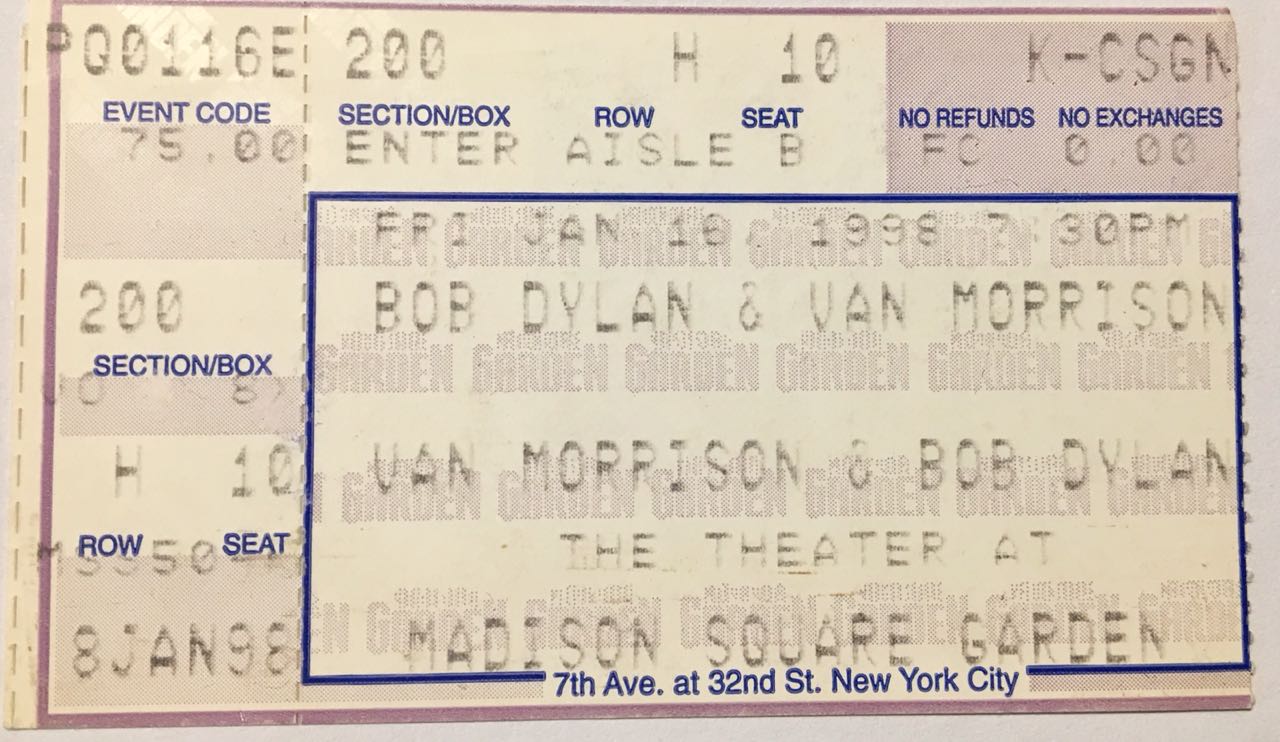 Entrada al concierto de Bob Dylan y Van Morrison en Nueva York, en 1998